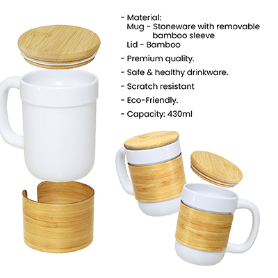 STONEWARE Ceramic Mug with Bamboo Sleeve Lid - 430ml
