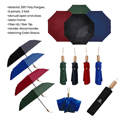 21'' 3 Fold Umbrella with Wooden Handle